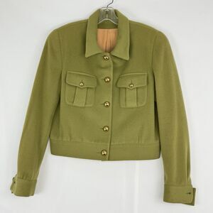 Vintage Olive Green Wool Blend Cropped Jacket Women’s Sz 8 Gold Button Military